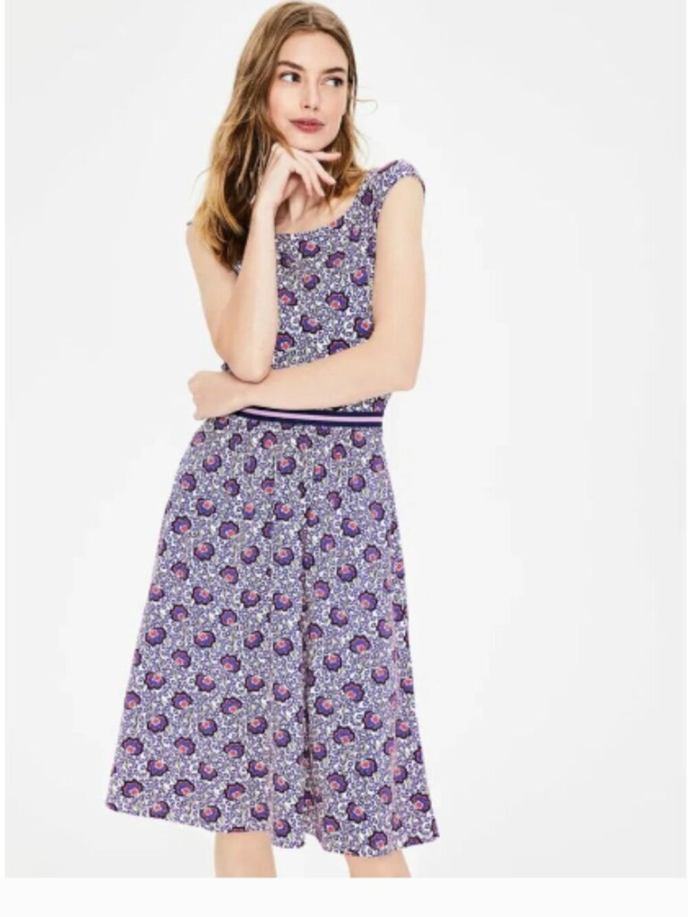 Boden Bernice Jersey Dress US 2R/UK 6R Blue/Pink/White Floral EUC